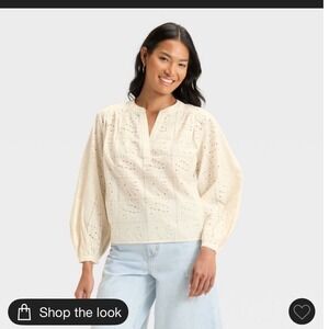 Universal Thread Eyelet Popover Blouse Long Sleeve Cotton shell embroidered